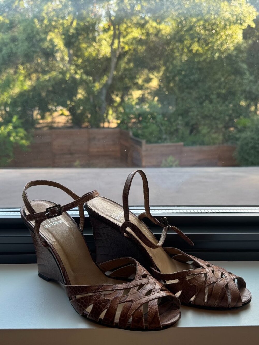 Stuart Wietzman Brown Croc Peep-toe Wedges